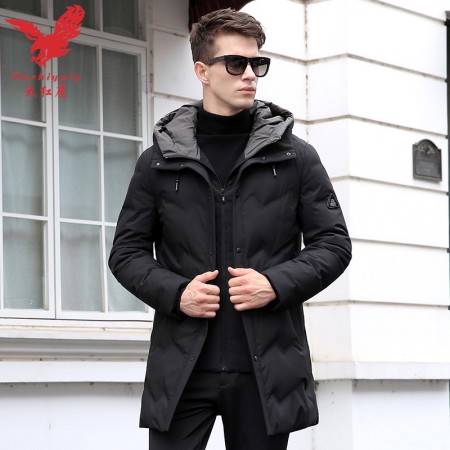 大红鹰冬季新款中长款白鸭绒羽绒服休闲外套男装黑色