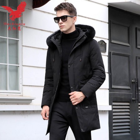 大红鹰男士中长款连帽羽绒服90绒纯色休闲外套9612黑色