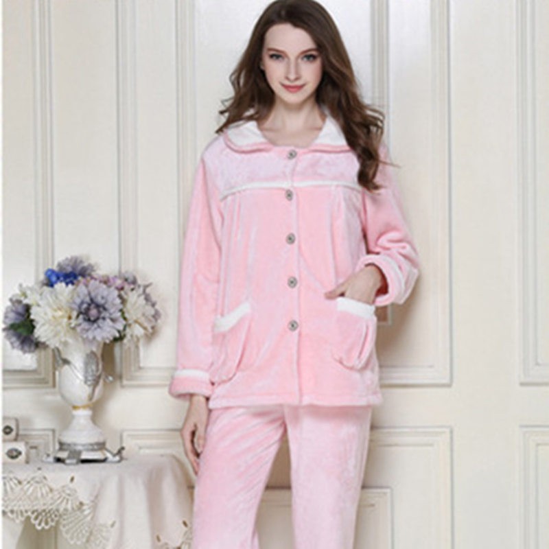 秋冬保暖时尚法兰绒家居服套装情侣款·口袋粉色  口袋粉色