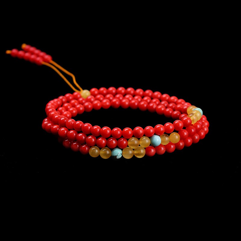 映时红珊瑚搭蜜蜡多圈手串