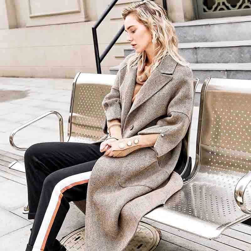 步西尼双面羊毛呢睿智大气温柔知性翻领落肩长款女式大衣syr1830126