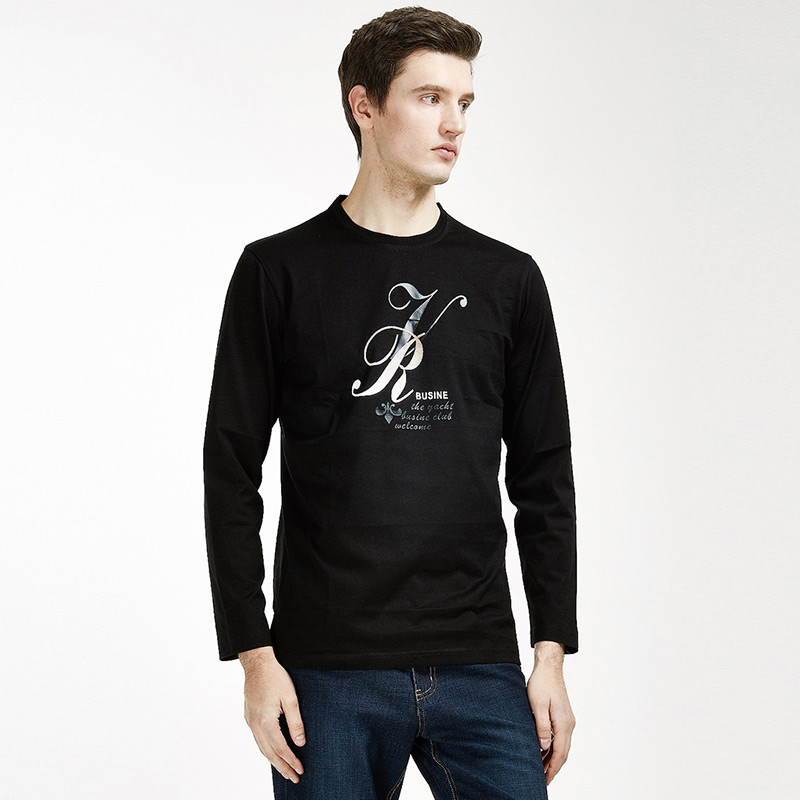步西尼全棉花体英文印花长袖圆领男式t恤t81807103·黑色