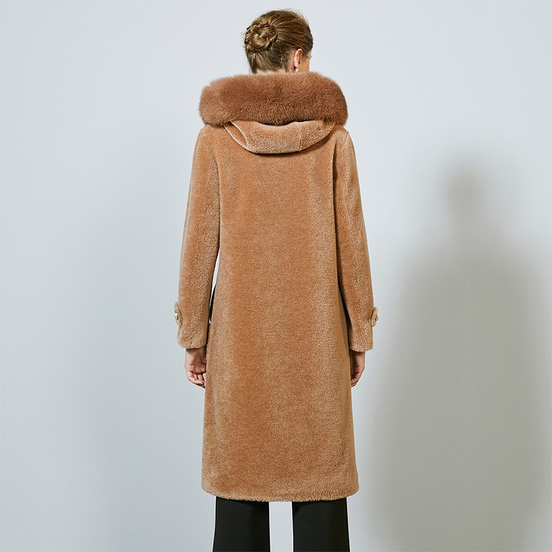 皮尔卡丹狐狸毛领直筒羊毛大衣-8087-驼色·驼色