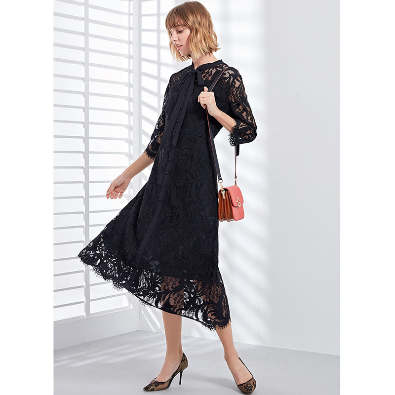 丁摩x廓形修身显瘦镂空长款连衣裙·黑色