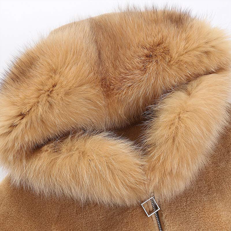 皮尔卡丹狐狸毛领短款修身羊毛大衣-8091-驼色·驼色