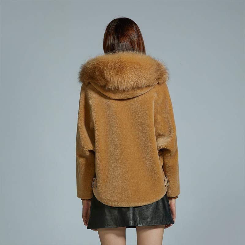 皮尔卡丹狐狸毛领短款修身羊毛大衣-8091-驼色·驼色