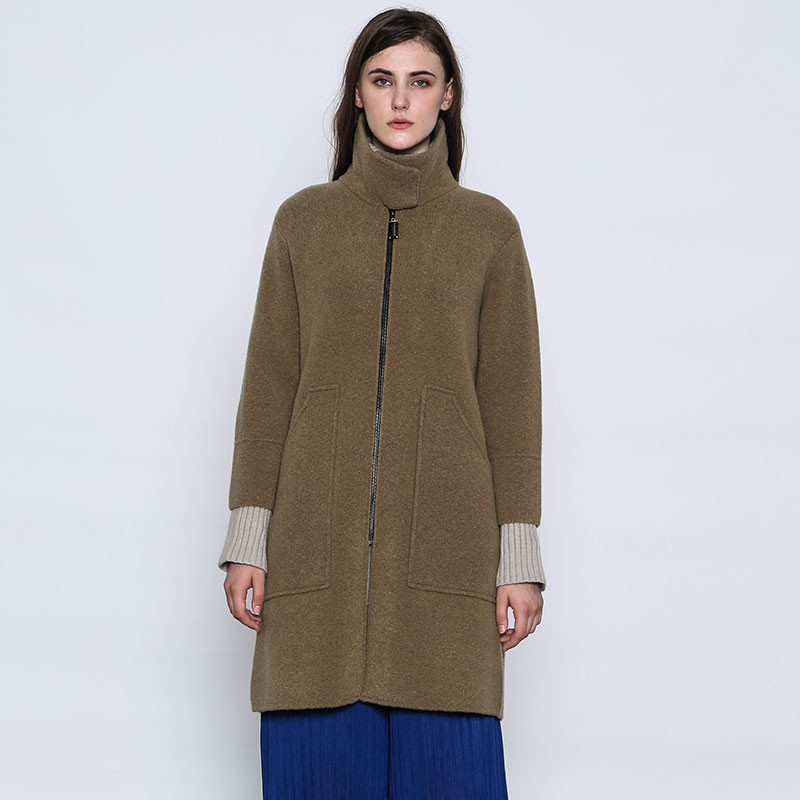 今升 中长款拉链翻领美利奴羊毛大衣呢大衣·枯草绿