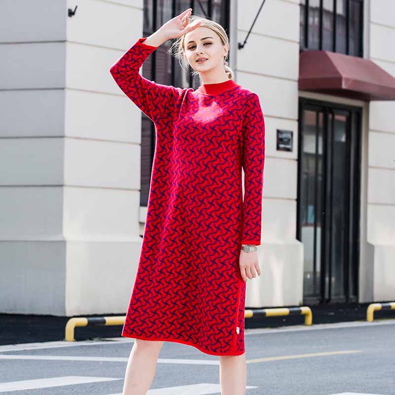 王冠迪娜女装时尚针织羊毛衫裙8833·红色