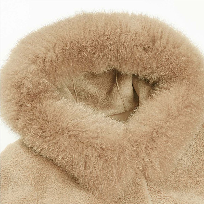 皮尔卡丹狐狸毛领系带显瘦羊毛大衣-8086-香槟色·香槟色
