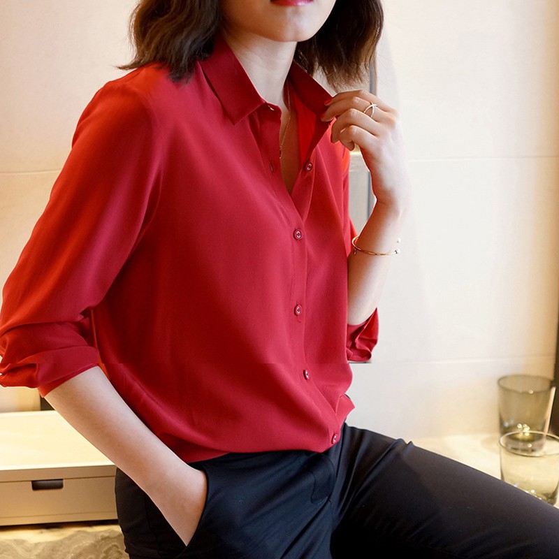 丁摩 真丝衬衣长袖宽松纯色OL桑蚕丝衬衫·红色