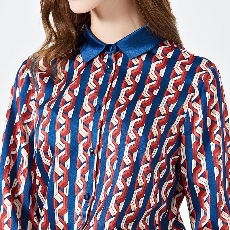墨枝 时尚复古撞色印花桑蚕丝长袖衬衫(S9006723)·红花色