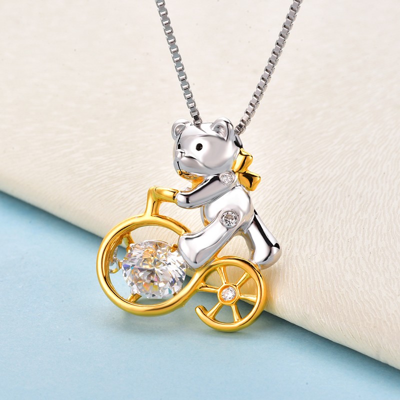 兆亮珠宝 小熊系列S925银镶锆石吊坠 （纯进口工艺）·单车小熊