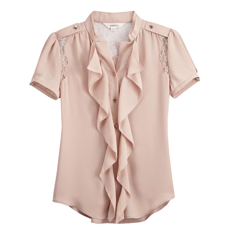 浪漫优雅荷叶领短袖雪纺衬衫 裸色